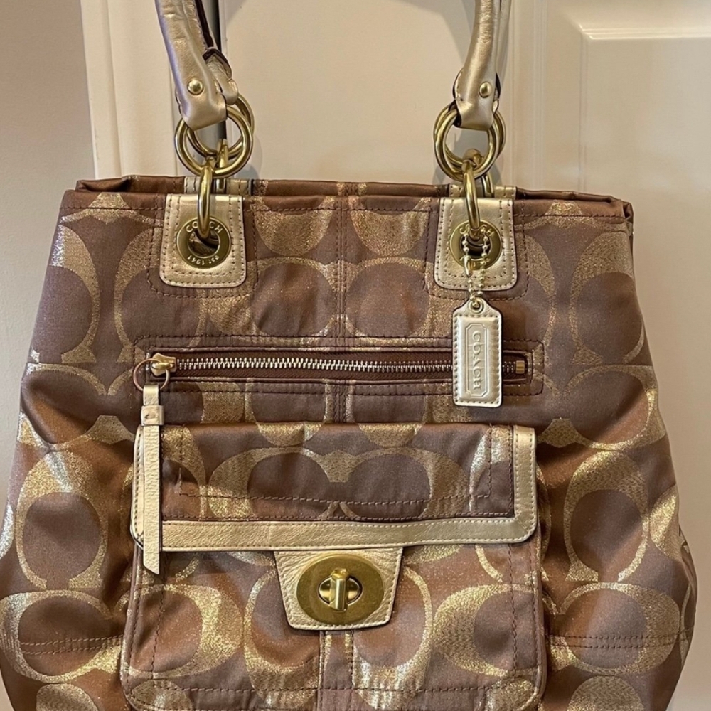 Coach Brown Metallic Signature Tote with Gold Hardware